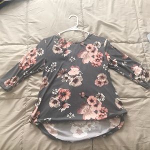 gray with pastel pink blouse